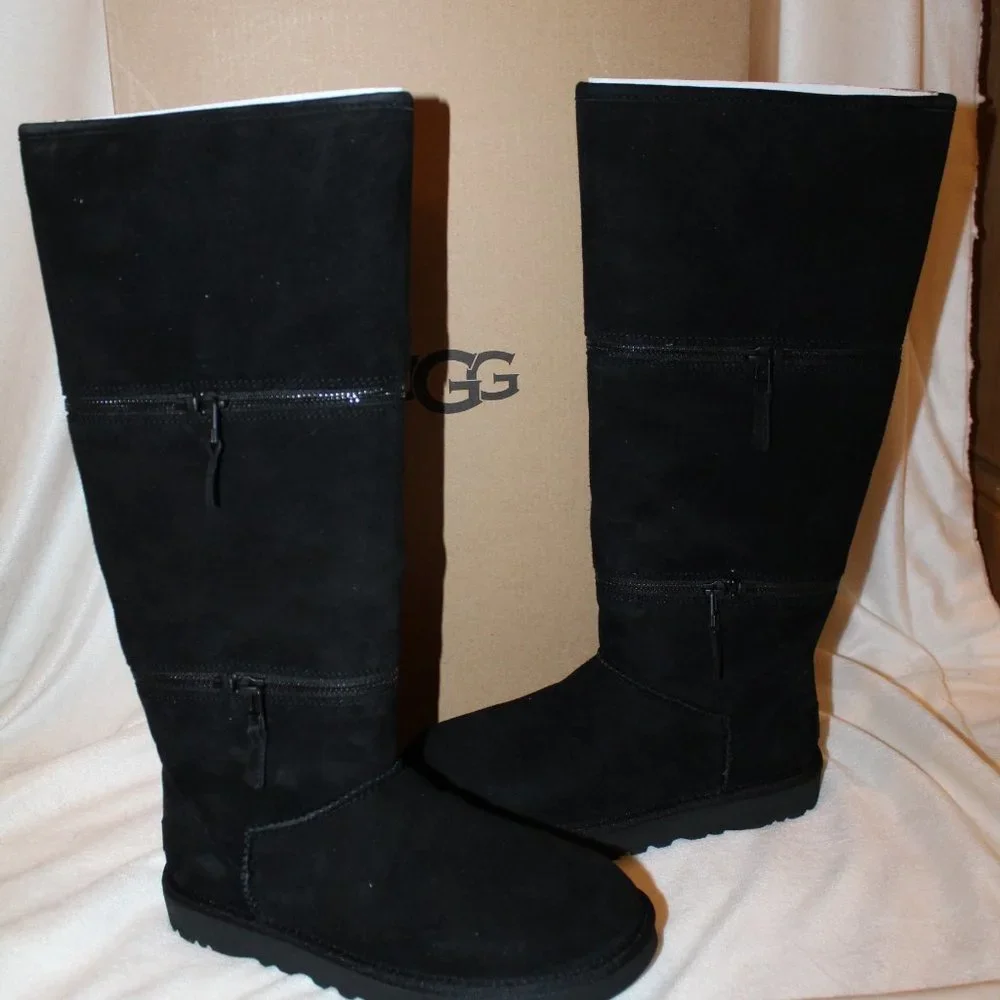 NIB UGG WOMEN'S‎ ULTRA TALL SUEDE SHEARLING LINED ZIPPER ACCENT BOOTS BLACK